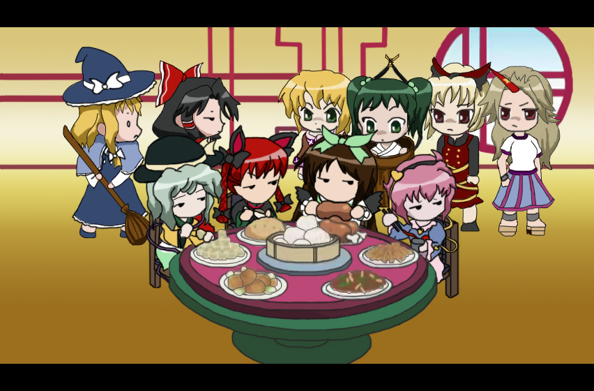kikyo168, hakurei reimu, hoshiguma yuugi, kaenbyou rin, kirisame marisa, kisume, komeiji koishi, komeiji satori, kurodani yamame, mizuhashi parsee, reiuji utsuho, koihime musou, subterranean animism, touhou, 6+girls, blonde hair, female focus, horns, multiple girls, parody, single horn, star (symbol)