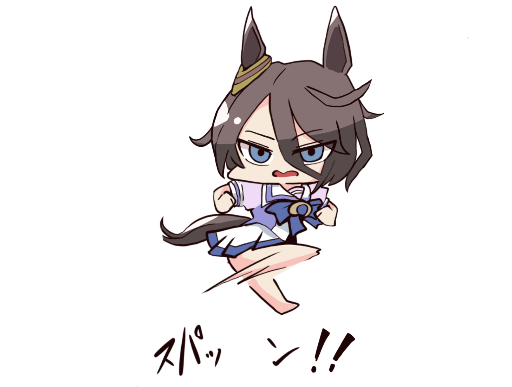 kawamochi (kawauti919), narita taishin (umamusume), umamusume, highres, translation request, 1girl, animal ears, barefoot, blue bow, blue eyes, bow, chibi, full body, hair between eyes, horse ears, horse girl, horse tail, open mouth, parted bangs, pleated skirt, puffy short sleeves, puffy sleeves, purple shirt, school uniform, shirt, short sleeves, simple background, skirt, smear frame, solo, tail, tracen school uniform, v-shaped eyebrows, wavy mouth, white background, white skirt
