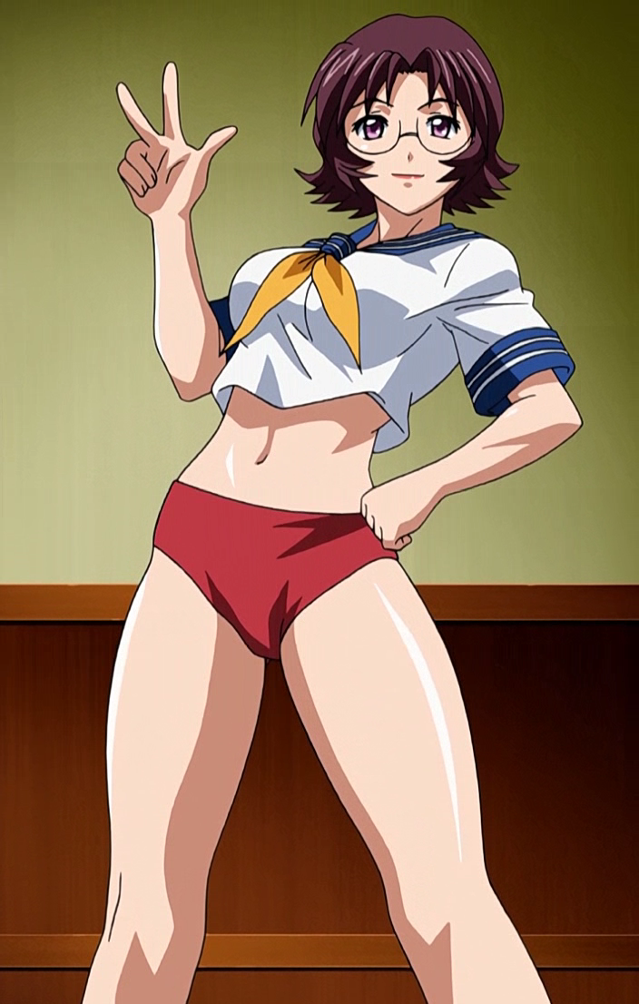 sonsaku goei, ikkitousen, anime screenshot, stitched, tagme, third-party edit, 00s, 1girl, breasts, buruma, female focus, glasses, hand on own hip, mature female, purple hair, sailor collar, school uniform, short hair, solo, standing, v