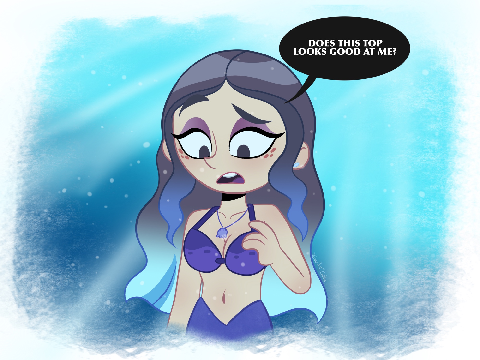 joseartcentenoofficial, andrea davenport, commentary, english commentary, highres, 1girl, artist name, bra, breasts, collarbone, english text, eyeshadow, freckles, jewelry, long hair, long sidelocks, looking down, makeup, mermaid, monster girl, necklace, nose, open mouth, purple eyeshadow, raised eyebrow, sidelocks, solo, speech bubble, teeth, tongue, underwear, upper teeth only