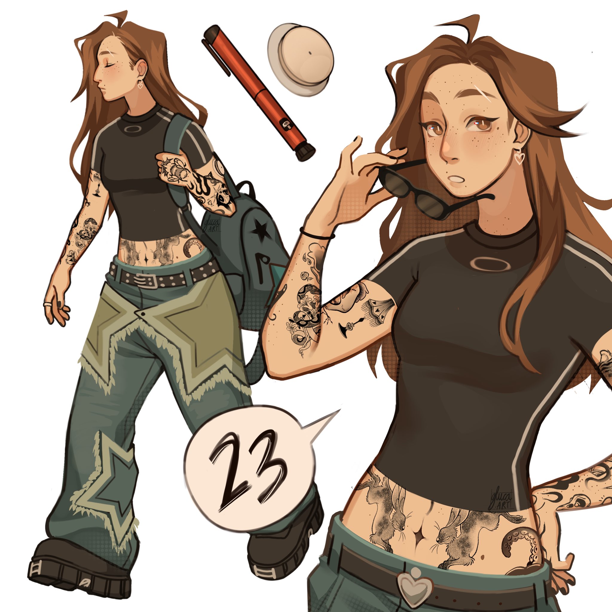 real life, commentary, english commentary, highres, 1girl, arm tattoo, autoinjector, backpack, bag, baggy pants, belt, belt buckle, black belt, black nails, black shirt, black shoes, blue pants, breasts, brown eyes, brown hair, buckle, closed eyes, cropped shirt, denim, earrings, eyebrow cut, freckles, gluca, hand on own hip, heart, heart earrings, holding, holding removed eyewear, infusion set, jeans, jewelry, pants, ring, self-portrait, shirt, shoes, small breasts, star (symbol), stomach tattoo, sunglasses, t-shirt, tattoo, unworn eyewear, wristband
