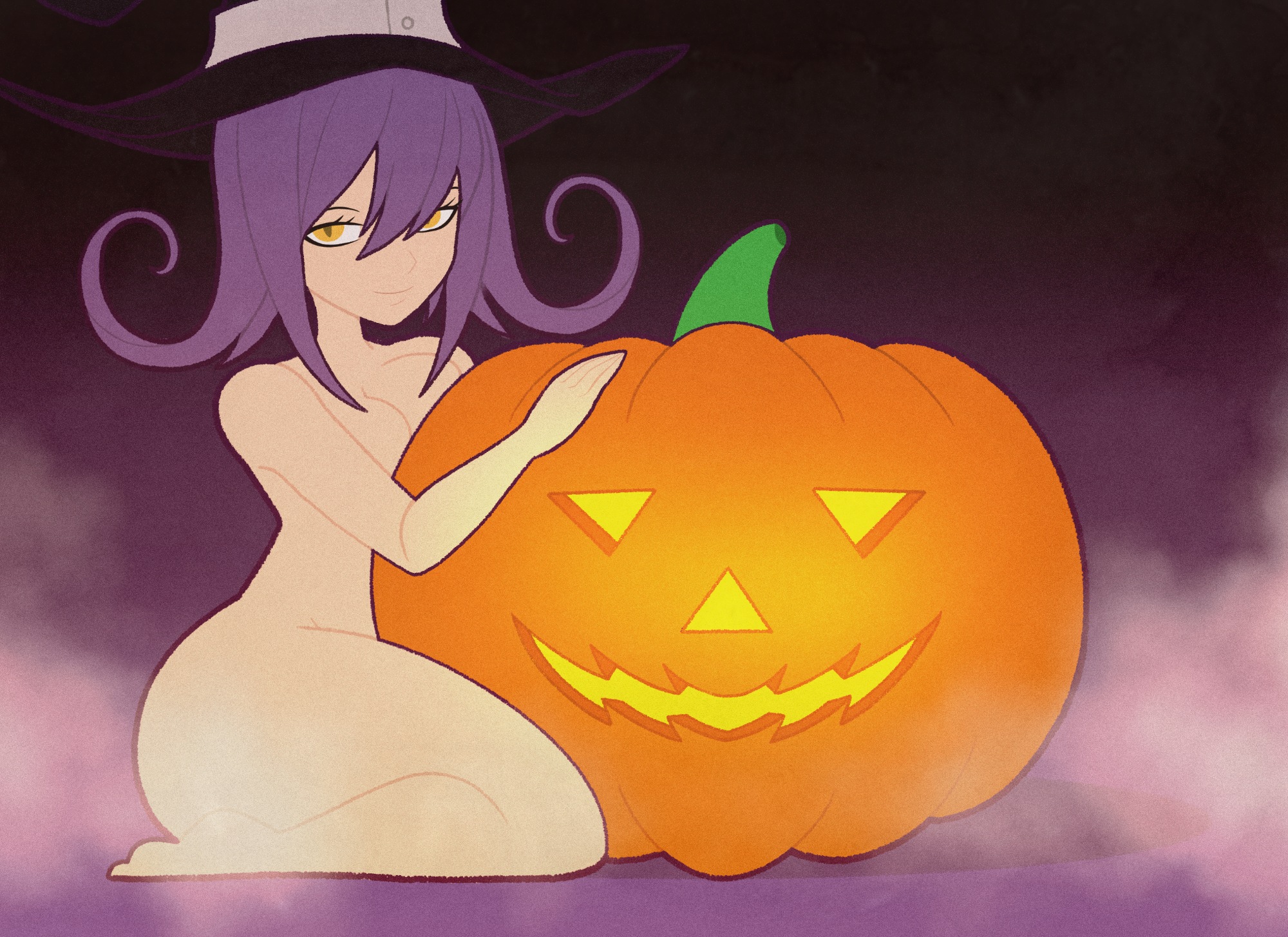 kinggargantuas, blair (soul eater), soul eater, commentary, english commentary, highres, large variant set, variant set, 1girl, ass, closed mouth, completely nude, fog, hair between eyes, hat, huge ass, jack-o'-lantern, nude, pumpkin, purple hair, shadow, solo, thick thighs, thighs, witch hat, ych commission, yellow eyes