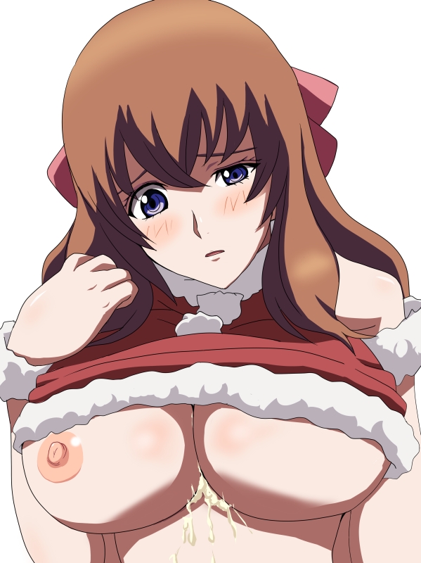 nisina, kujou miu, kurogane no linebarrel, bad id, bad pixiv id, 00s, 1girl, blue eyes, blush, bow, breasts, brown hair, christmas, cum, female focus, hair bow, large areolae, large breasts, nipple slip, nipples, simple background, solo