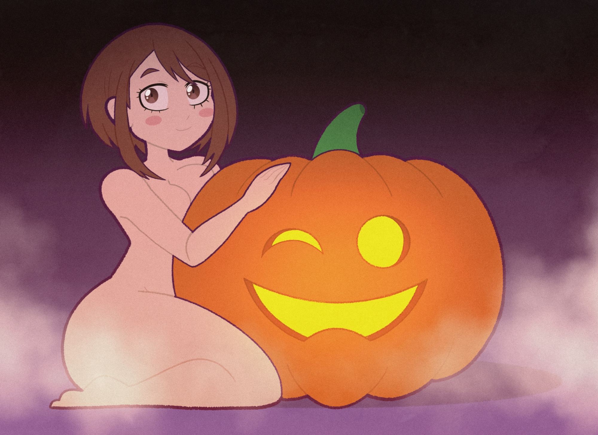 kinggargantuas, uraraka ochako, boku no hero academia, commentary, english commentary, highres, large variant set, variant set, 1girl, ass, brown eyes, brown hair, closed mouth, completely nude, fog, huge ass, jack-o'-lantern, nude, pumpkin, raised eyebrows, shadow, solo, thick thighs, thighs, ych commission
