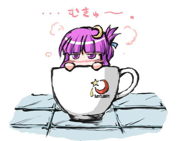 fechirin, patchouli knowledge, touhou, 1girl, crescent, crescent hair ornament, cup, female focus, hair ornament, in container, in cup, mini person, minigirl, mukyuu, purple eyes, purple hair, solo, teacup