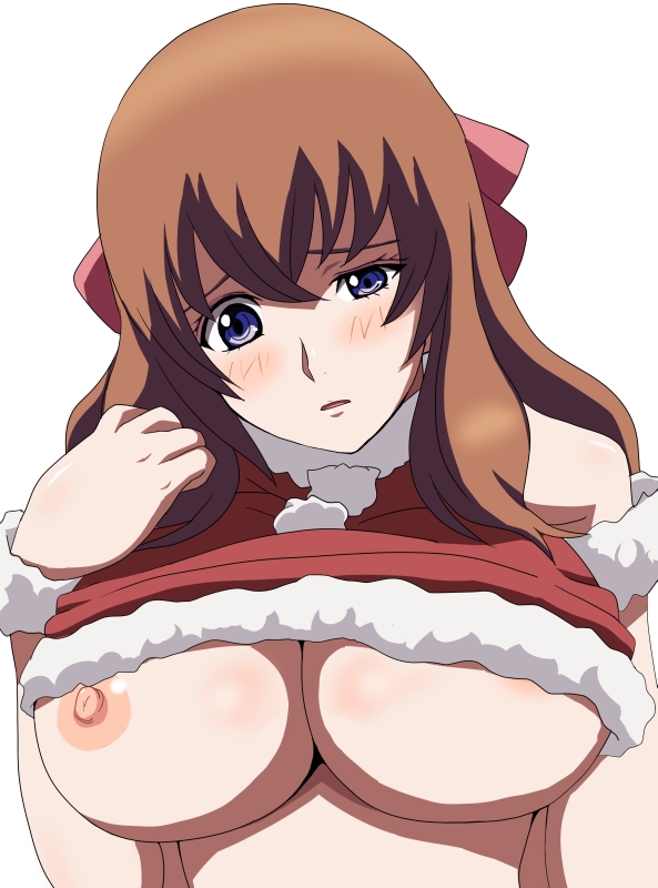 nisina, kujou miu, kurogane no linebarrel, 00s, 1girl, blue eyes, blush, bow, breasts, brown hair, christmas, female focus, hair bow, large areolae, large breasts, nipple slip, nipples, simple background, solo, underboob
