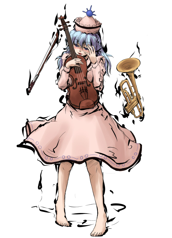 fechirin, merlin prismriver, touhou, 1girl, barefoot, blue hair, blush, feet, female focus, hat, instrument, solo, trumpet, violin