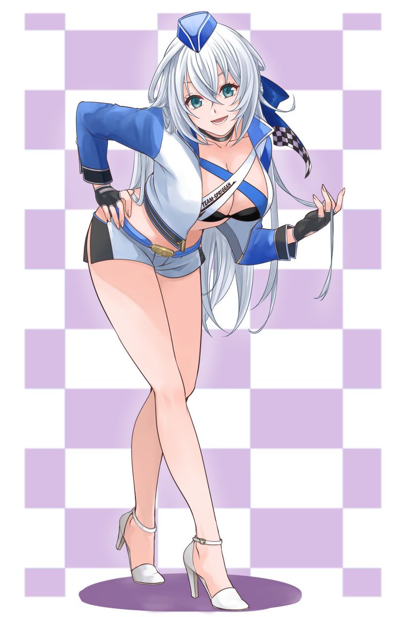 runrui kaku, shizuna rem misurugi, eiyuu densetsu, kuro no kiseki, kuro no kiseki (series), kuro no kiseki ii, highres, 1girl, bent over, black gloves, blue eyes, breasts, checkered background, cleavage, clothing cutout, cropped jacket, crossed bangs, double-parted bangs, fingerless gloves, front zipper, full body, glove cutout, gloves, hair between eyes, half updo, hand on own hip, high heels, large breasts, long hair, looking at viewer, open mouth, race queen, shorts, simple background, smile, solo, wing collar