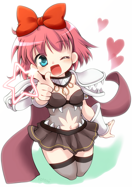 kotomi (happy colors), genetic (ragnarok online), ragnarok online, commentary request, 1girl, :d, armor, bikini, bikini top only, blue eyes, blush, bow, breasts, brown bikini, brown skirt, cowboy shot, cropped legs, grey thighhighs, hair bow, heart, looking at viewer, medium breasts, miniskirt, navel, one eye closed, open mouth, pauldrons, pink hair, pleated skirt, red bow, short hair, shoulder armor, simple background, skirt, smile, solo, star (symbol), swimsuit, thighhighs, white background