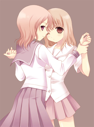 tokumi yuiko, fukuji mihoko, takei hisa, saki (manga), bad id, bad pixiv id, lowres, 00s, holding hands, one eye closed, school uniform, serafuku, wink