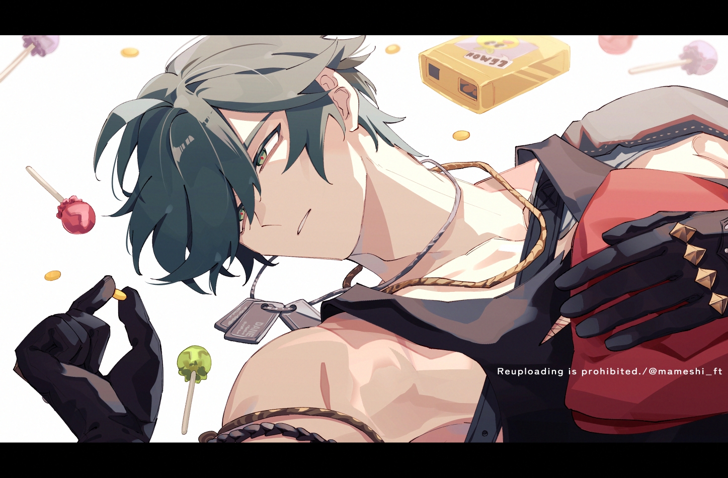 macha@meshi, lighter (zenless zone zero), zenless zone zero, commentary request, 1boy, black gloves, black shirt, candy, dog tags, food, gloves, green eyes, green hair, hair over one eye, holding, holding food, letterboxed, lollipop, looking to the side, male focus, muscular, parted lips, shirt, short hair, simple background, solo, tank top, upper body, watermark, white background