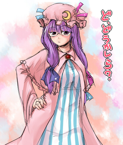 fechirin, patchouli knowledge, touhou, lowres, translation request, 1girl, bespectacled, crescent, crescent hat ornament, dress, female focus, glasses, gradient background, hand on own hip, hat, hat ornament, hip focus, long hair, purple eyes, purple hair, sketch, solo, white background