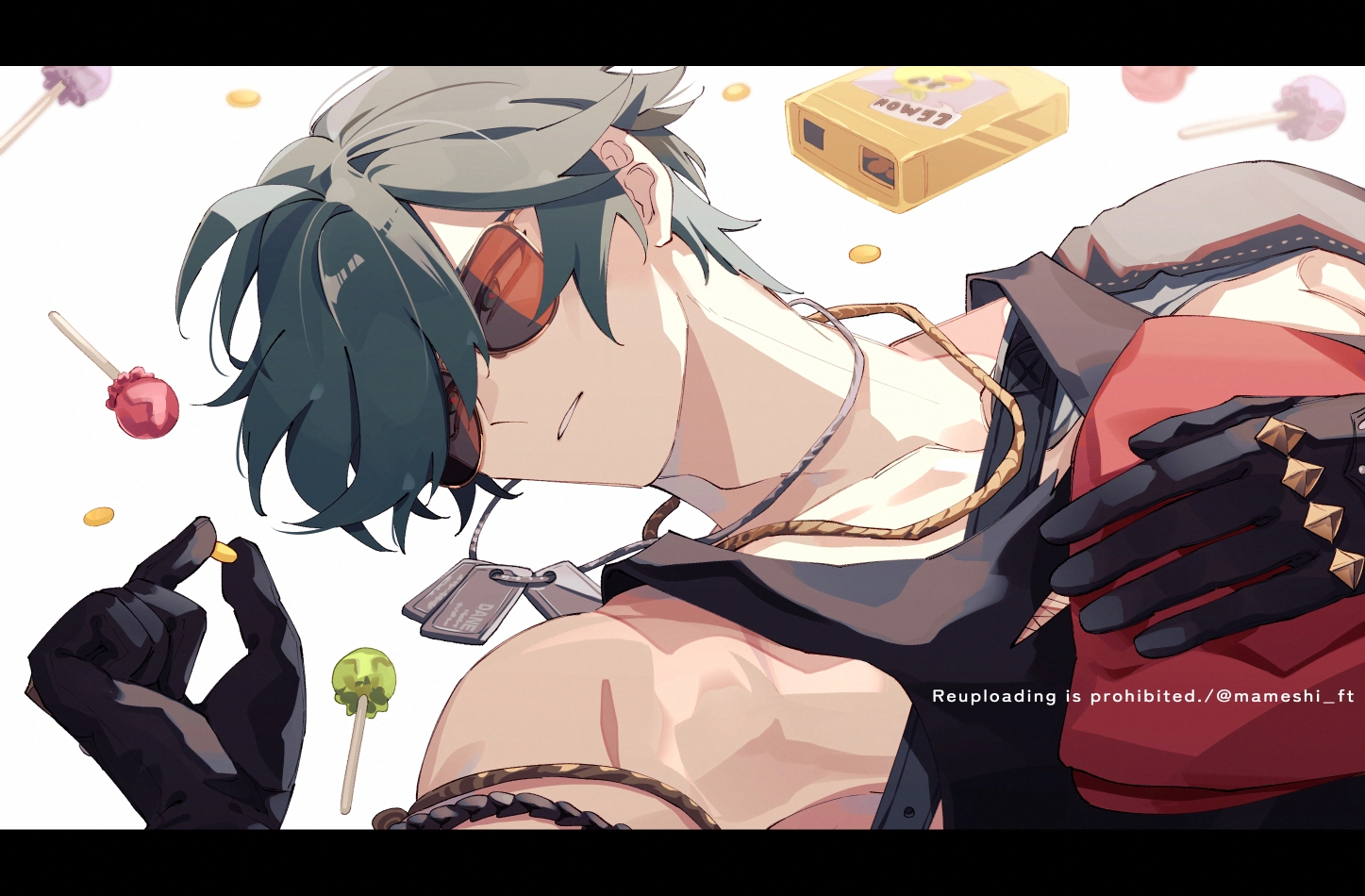 macha@meshi, lighter (zenless zone zero), zenless zone zero, commentary request, 1boy, black gloves, black shirt, candy, dog tags, food, gloves, green eyes, green hair, hair over one eye, holding, holding food, letterboxed, lollipop, looking to the side, male focus, muscular, parted lips, red-tinted eyewear, shirt, short hair, simple background, solo, sunglasses, tank top, tinted eyewear, upper body, watermark, white background