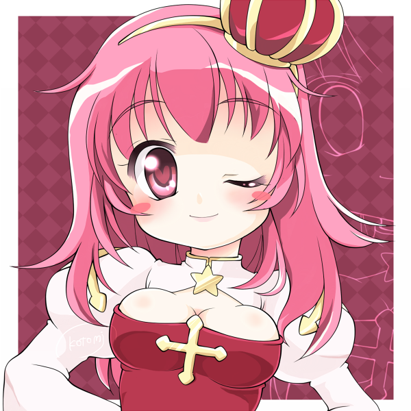 kotomi (happy colors), arch bishop (ragnarok online), ragnarok online, commentary request, 1girl, blush, blush stickers, border, breasts, checkered background, cleavage, cleavage cutout, closed mouth, clothing cutout, cross, crown, dress, hairband, heart, heart-shaped pupils, juliet sleeves, long sleeves, looking at viewer, medium breasts, medium hair, one eye closed, outside border, pink eyes, pink hair, puffy sleeves, red background, red crown, red dress, smile, solo, star (symbol), symbol-shaped pupils, two-tone dress, upper body, white border, white dress, yellow hairband