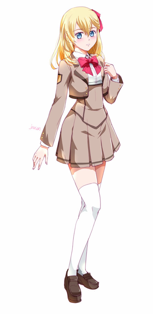 xiacheng tatsuya, agnes claudel, eiyuu densetsu, kuro no kiseki (series), 1girl, artist name, blonde hair, blue eyes, bow, bowtie, cropped jacket, double-parted bangs, full body, hair between eyes, loafers, long hair, long sleeves, looking at viewer, over-kneehighs, red bow, red bowtie, school uniform, shoes, simple background, skirt, socks, solo, tachi-e, thighhighs, traditional bowtie, white background, white socks