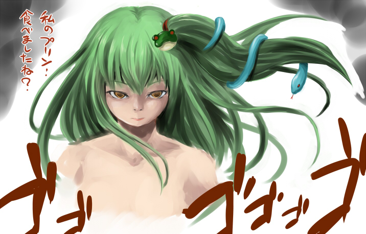 fechirin, kochiya sanae, touhou, translated, 1girl, female focus, green hair, snake, solo, white background, yellow eyes