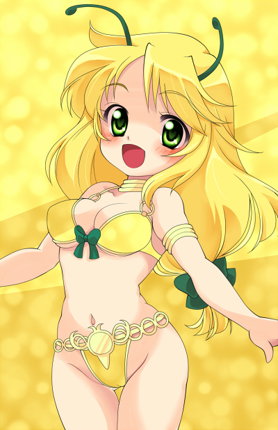 kotomi (happy colors), dancer (ragnarok online), ragnarok online, commentary request, 1girl, :d, antennae, bikini, blonde hair, blush, bow, breasts, cleavage, cowboy shot, green bow, green eyes, groin, hair bow, long hair, looking at viewer, medium breasts, navel, open mouth, smile, solo, swimsuit, yellow background, yellow bikini