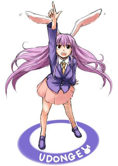 fechirin, reisen udongein inaba, touhou, 1girl, animal ears, arm up, blazer, female focus, full body, jacket, long hair, long sleeves, miniskirt, necktie, no socks, pointing, pointing up, purple hair, rabbit ears, red eyes, skirt, solo, standing, yellow necktie
