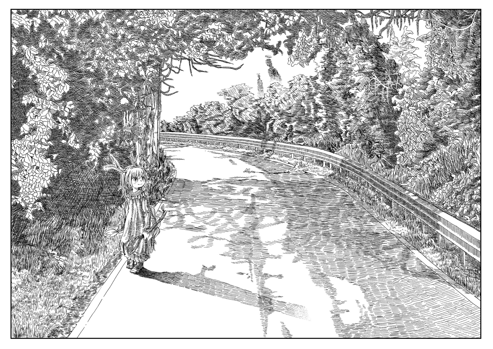 kilsturgeon, original, highres, 1girl, boots, border, closed mouth, dress, greyscale, guard rail, holding, holding staff, horns, long sleeves, looking to the side, monochrome, outdoors, road, shadow, silhouette, smile, solo, staff, tree, walking
