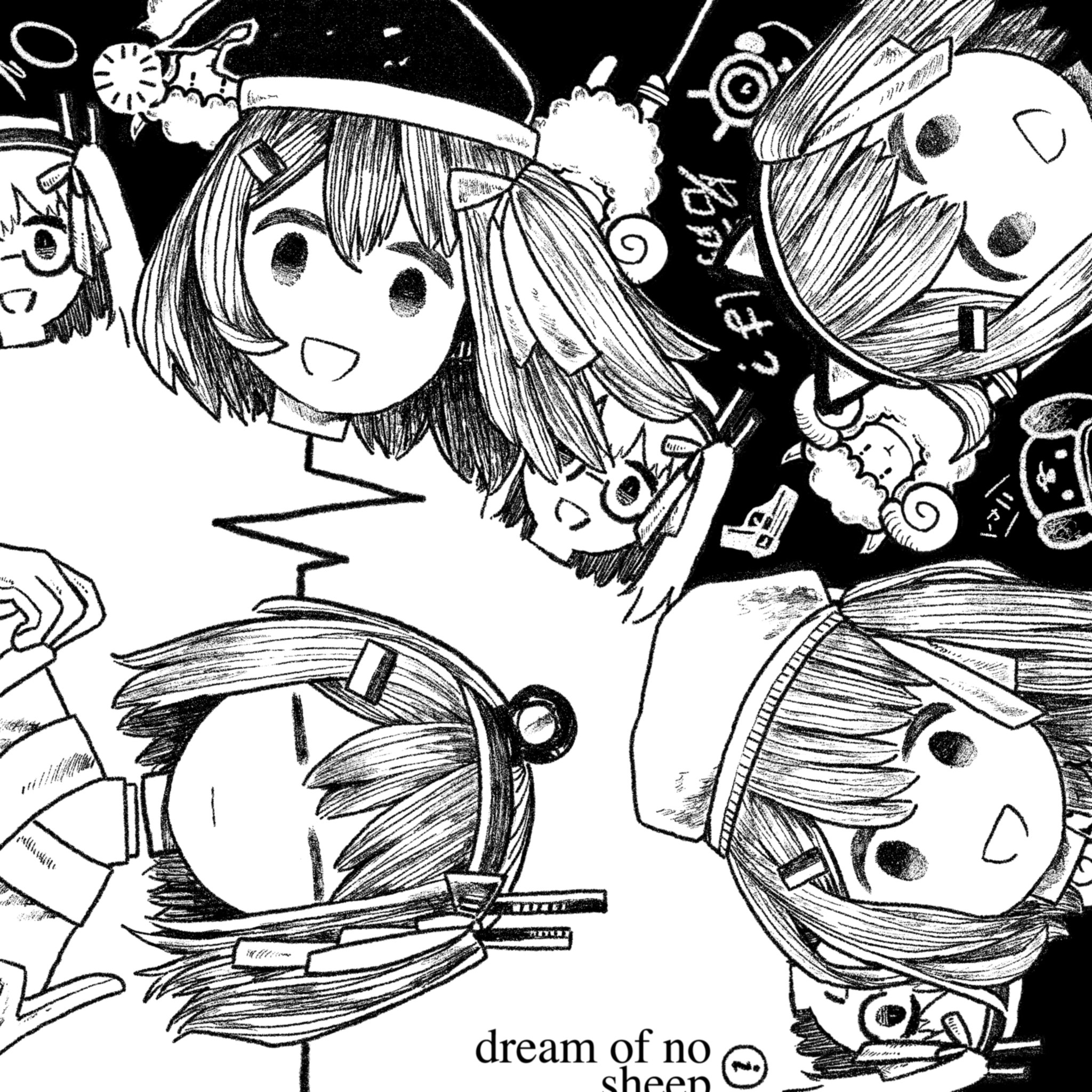 kilsturgeon, adachi rei, a.i. voice, do androids dream of electric sheep?, utau, highres, 1girl, = =, bow, cardiogram, closed eyes, closed mouth, disembodied head, english text, gloves, greyscale, hair bow, hair ornament, hairband, hat, index finger raised, looking at viewer, monochrome, multiple views, one side up, open mouth, santa hat, sheep, short hair, smile
