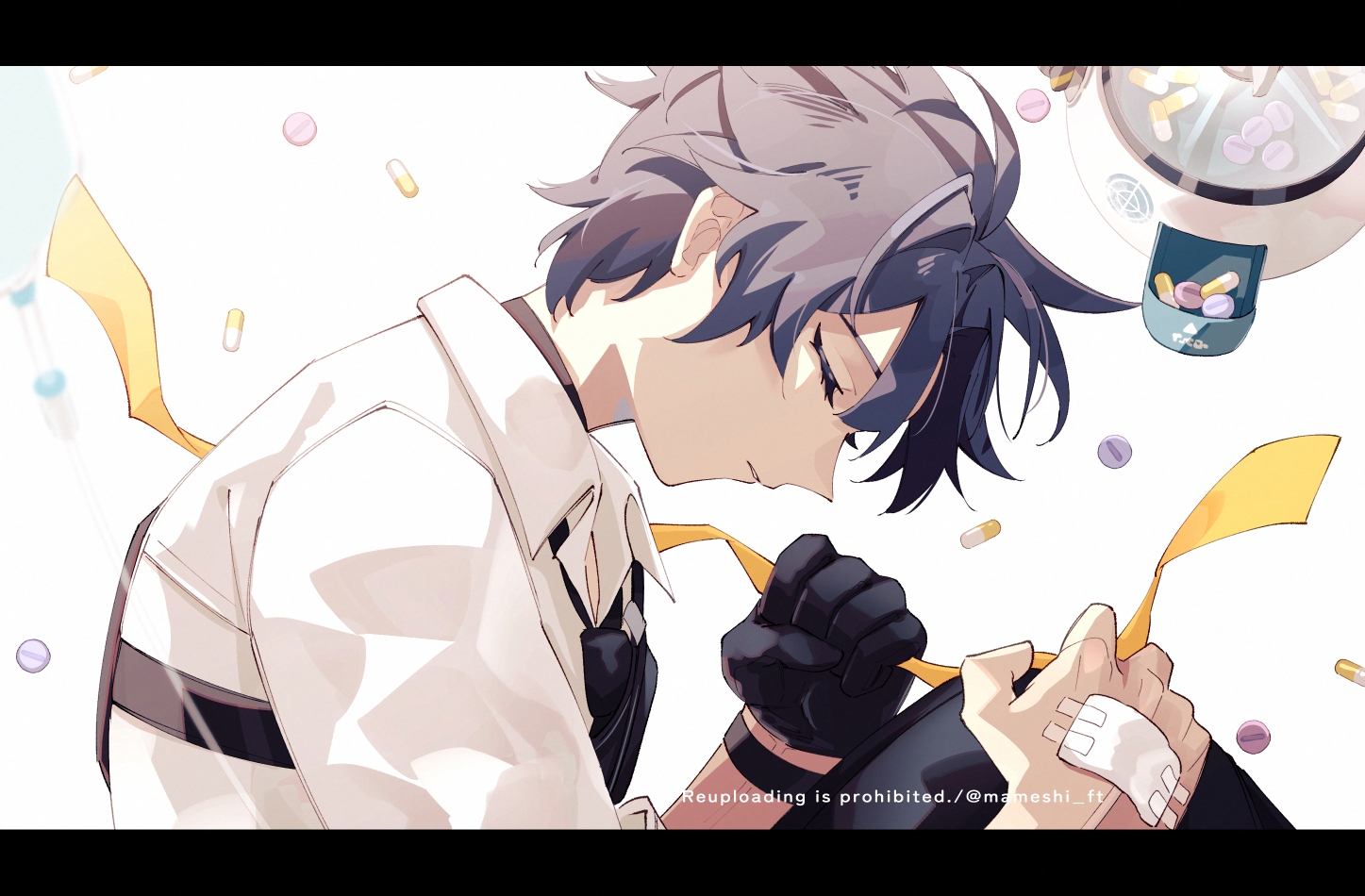 macha@meshi, asaba harumasa, zenless zone zero, commentary request, 1boy, bandaged hand, bandages, black gloves, black necktie, blue hair, border, closed eyes, collared shirt, gloves, holding, holding ribbon, hugging own legs, knees up, letterboxed, male focus, necktie, pill, pill dispenser, ribbon, shirt, short hair, single glove, solo, watermark, white shirt, yellow ribbon