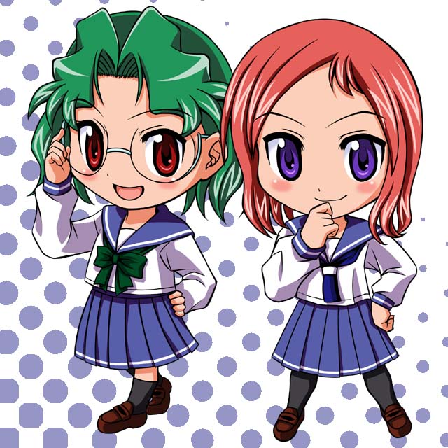yuuki akira, someya mako, takei hisa, saki (manga), 00s, 2girls, black socks, bow, bowtie, chibi, full body, glasses, green bow, green bowtie, green hair, kneehighs, loafers, long sleeves, looking at viewer, multiple girls, pantyhose, pleated skirt, purple eyes, red eyes, red hair, rimless eyewear, sailor collar, school uniform, serafuku, shoes, skirt, socks, standing