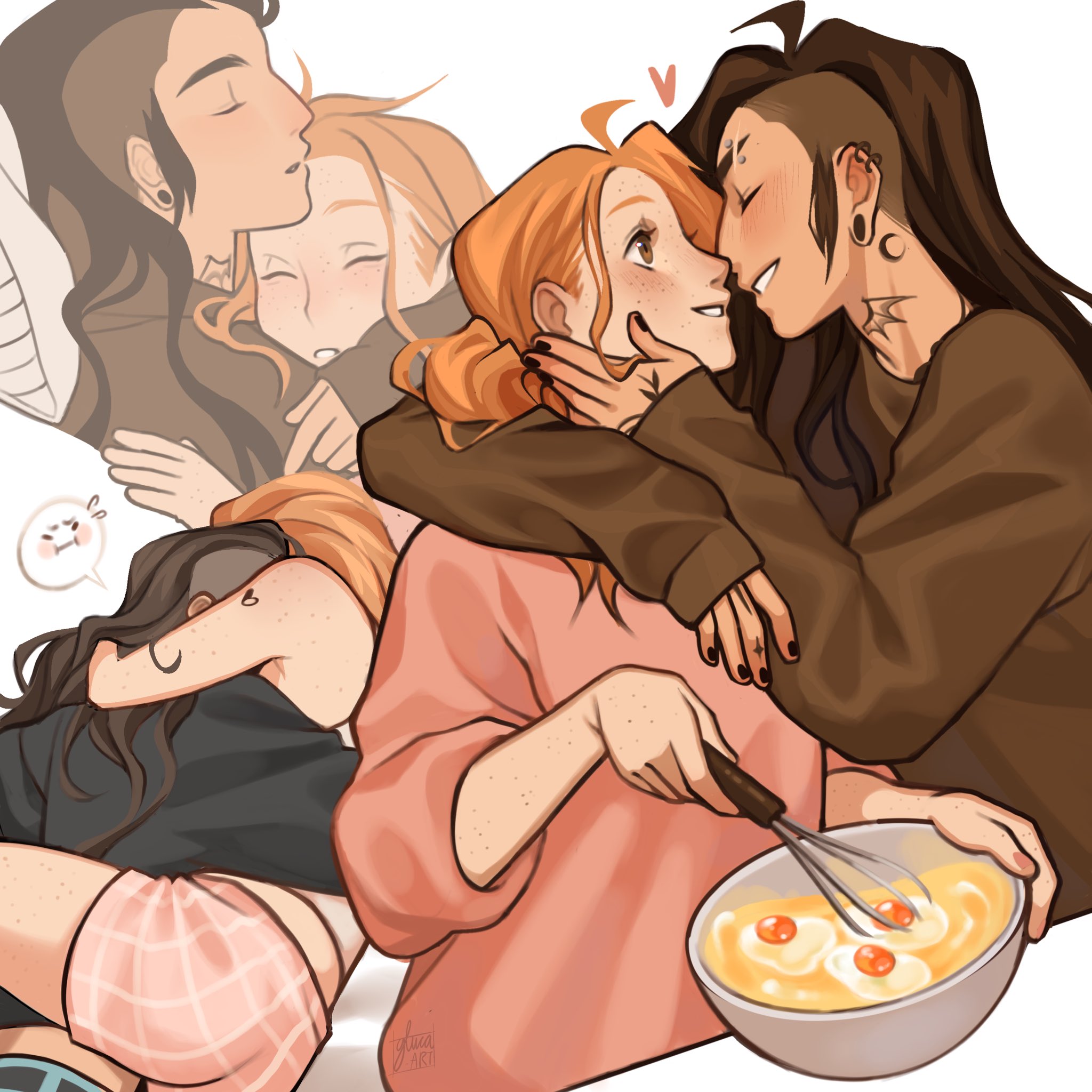 original, commentary, english commentary, highres, 2girls, black nails, body freckles, brown eyes, brown hair, brown sweater, crescent, crescent tattoo, ear piercing, egg (food), food, freckles, gluca, hand tattoo, hug, imminent kiss, mohawk, multiple girls, neck tattoo, orange hair, piercing, pillow, pink shorts, pink sweater, plug (piercing), shorts, shoulder tattoo, sleeping, sleeves past wrists, sweater, tattoo, undercut, whisk, yuri