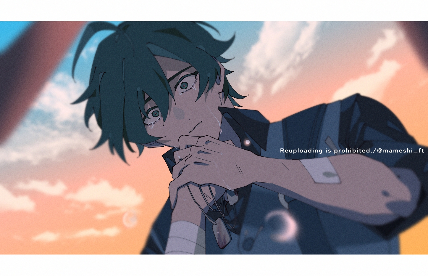 macha@meshi, lighter (zenless zone zero), zenless zone zero, commentary request, 1boy, ahoge, bandaged arm, bandages, black shirt, blue sky, cloud, collared shirt, crying, crying with eyes open, dog tags, from below, gradient sky, green eyes, green hair, grey vest, holding hands, letterboxed, looking down, male focus, orange sky, shirt, short hair, sky, sleeves rolled up, solo, tears, upper body, vest, watermark, wide-eyed