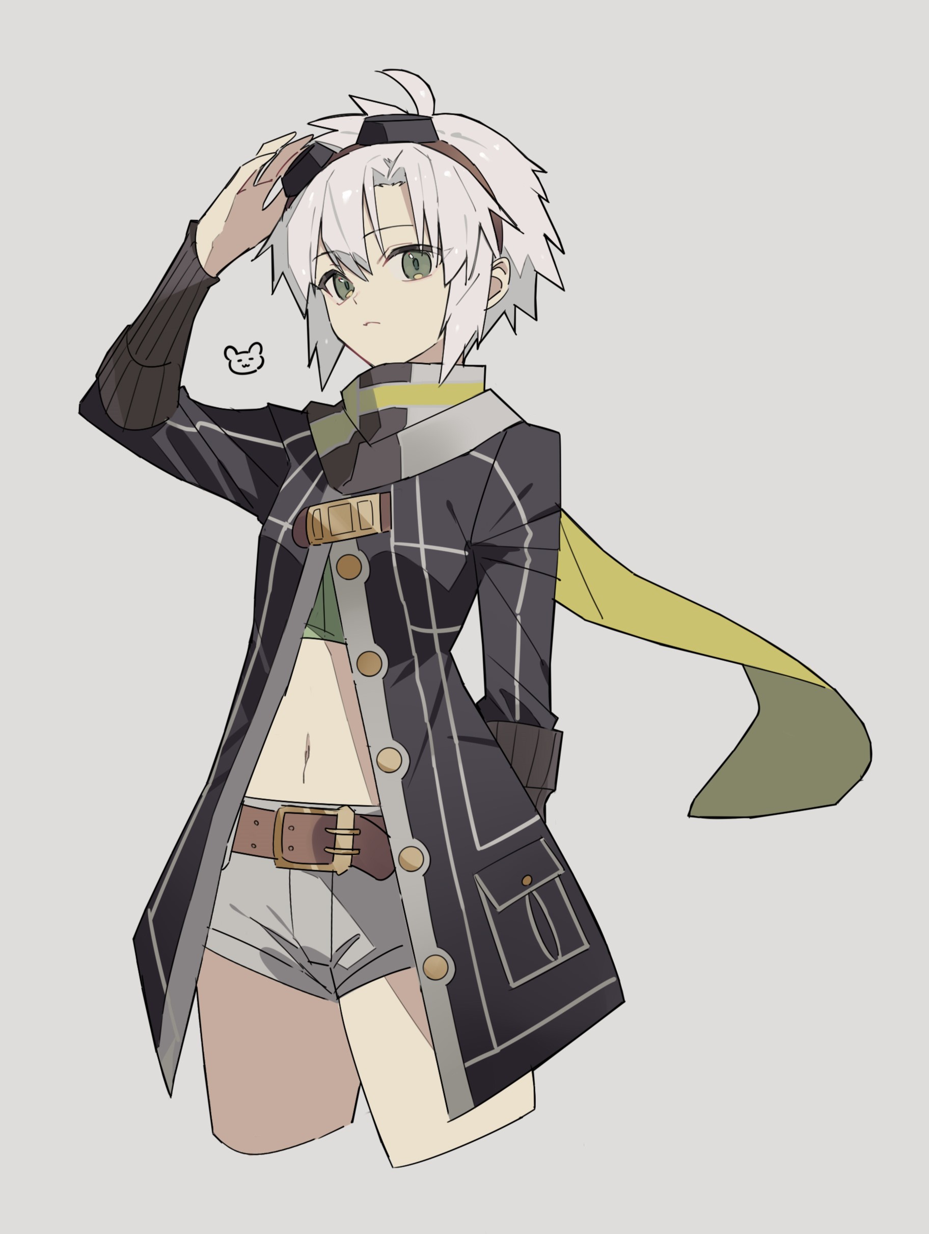 george man, fie claussell, eiyuu densetsu, sen no kiseki, sen no kiseki (series), sen no kiseki ii, absurdres, highres, 1girl, bob cut, crop top, curtained hair, denim, denim shorts, floating scarf, goggles, goggles on head, green eyes, grey background, hair between eyes, jacket, long sleeves, looking at viewer, midriff, navel, open clothes, open jacket, parted bangs, scarf, shorts, simple background, solo, stomach, upper body, white hair