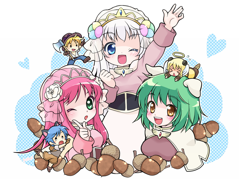 kotomi (happy colors), acolyte (ragnarok online), blacksmith (ragnarok online), hunter (ragnarok online), novice (ragnarok online), ragnarok online, commentary request, 3boys, :d, acorn, animal ears, arm up, axe, black sash, blonde hair, blue eyes, blue pants, blush, breasts, bridal veil, brown shorts, chibi, chibi inset, dog ears, dog girl, green eyes, green hair, halo, holding, holding axe, long hair, long sleeves, looking at viewer, medium breasts, multiple boys, one eye closed, open mouth, pants, pink hair, purple shirt, sash, shirt, short hair, shorts, skirt, small breasts, smile, tiara, upper body, veil, white background, white hair, white skirt, yellow eyes, yellow halo