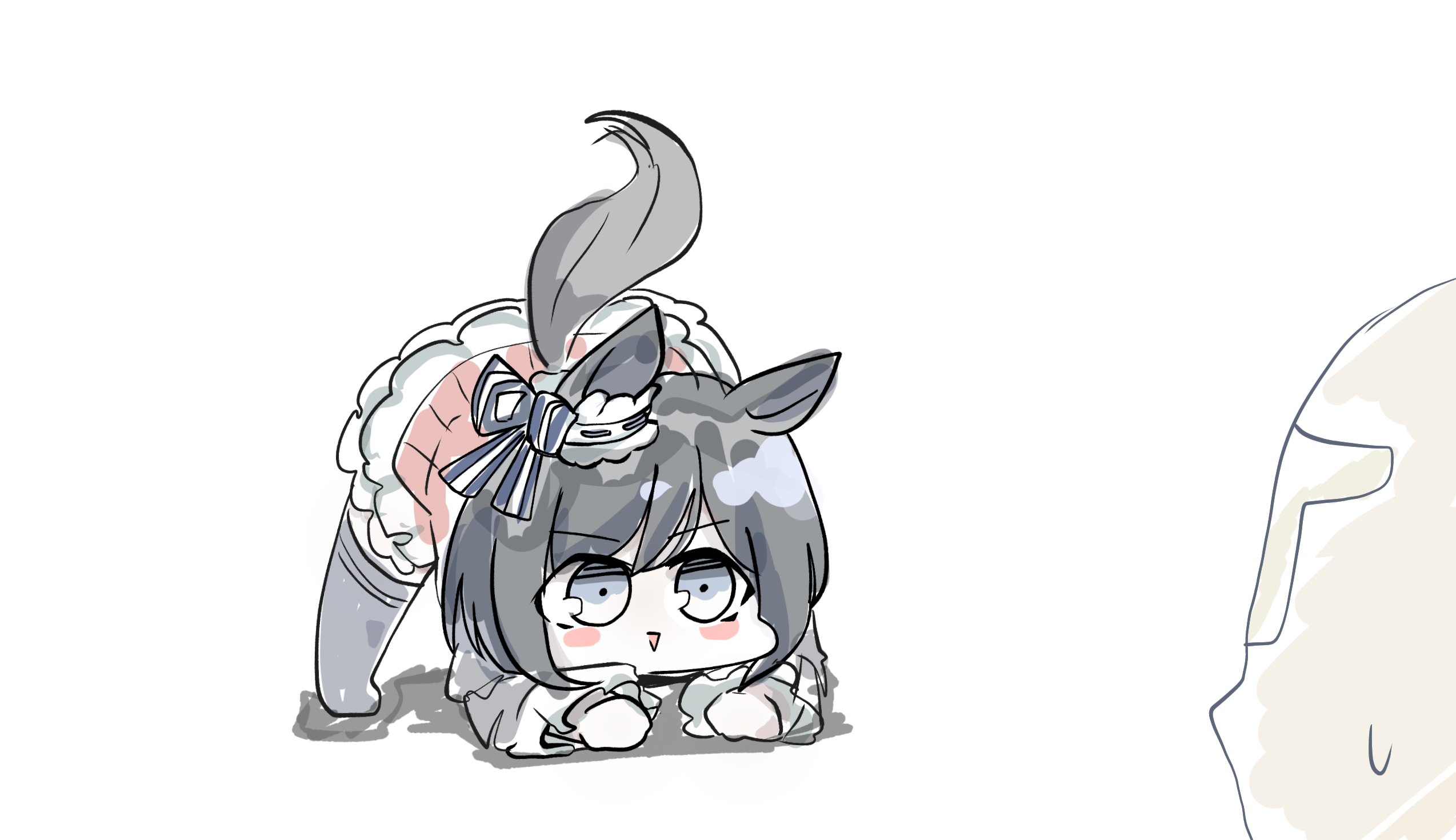 kawamochi (kawauti919), eishin flash (umamusume), t-head trainer (umamusume), trainer (umamusume), umamusume, highres, 1boy, 1girl, :>, animal ears, black hair, blush stickers, chibi, grey eyes, grey thighhighs, horse ears, horse girl, horse tail, long sleeves, parted lips, red skirt, shadow, simple background, skirt, small sweatdrop, solo focus, sweat, tail, thighhighs, top-down bottom-up, triangle mouth, v-shaped eyebrows, white background