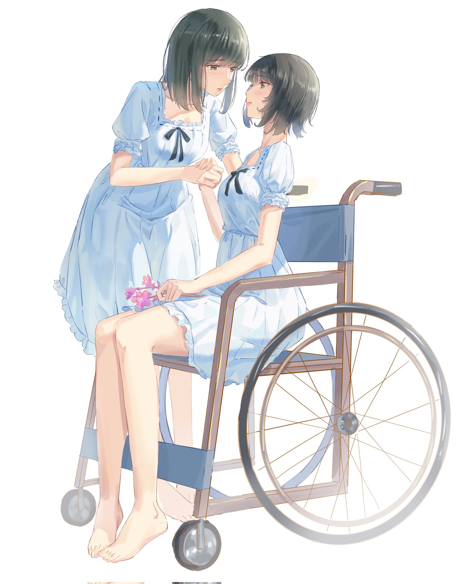 kafkasea, takasaki chidori, yaegaki erika, flowers (innocent grey), highres, 2girls, barefoot, black hair, blue eyes, blush, closed mouth, dress, eye contact, flower, holding, holding flower, holding hands, looking at another, medium hair, multiple girls, pink flower, short hair, short sleeves, simple background, sitting, standing, toes, wheelchair, white background, white dress, yuri