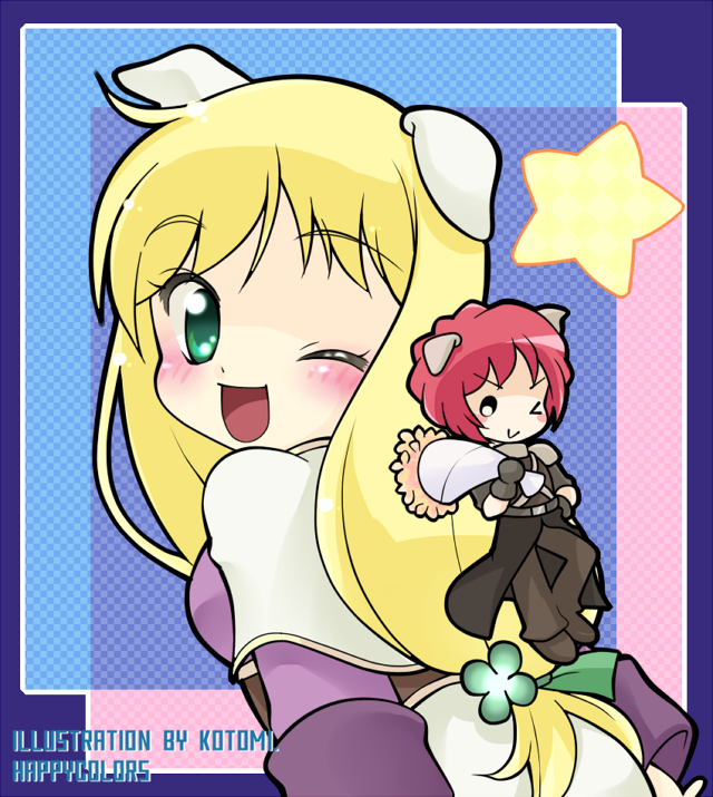 kotomi (happy colors), acolyte (ragnarok online), assassin (ragnarok online), ragnarok online, commentary request, 1boy, 1girl, :d, animal ears, black shirt, blonde hair, blue background, blush, brown pants, brown shoes, capelet, chibi, chibi inset, clover hair ornament, dog ears, dog girl, four-leaf clover hair ornament, green eyes, hair ornament, long hair, long sleeves, looking at viewer, looking back, one eye closed, open mouth, pants, purple shirt, red hair, shirt, shoes, short hair, smile, star (symbol), upper body, white capelet