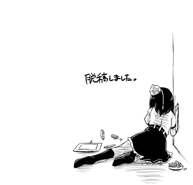 fechirin, shameimaru aya, touhou, tired, translated, 1girl, ashtray, cigarette, drawing tablet, female focus, greyscale, hat, monochrome, short hair, sketch, skirt, socks, solo, white background