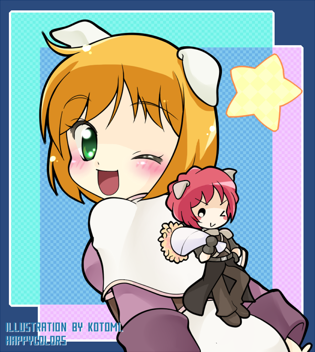 kotomi (happy colors), acolyte (ragnarok online), assassin (ragnarok online), ragnarok online, commentary request, 1boy, 1girl, :d, animal ears, black shirt, blue background, blush, brown hair, brown pants, brown shoes, capelet, chibi, chibi inset, dog ears, dog girl, green eyes, long sleeves, looking at viewer, looking back, one eye closed, open mouth, pants, purple shirt, red hair, shirt, shoes, short hair, smile, star (symbol), upper body, white capelet