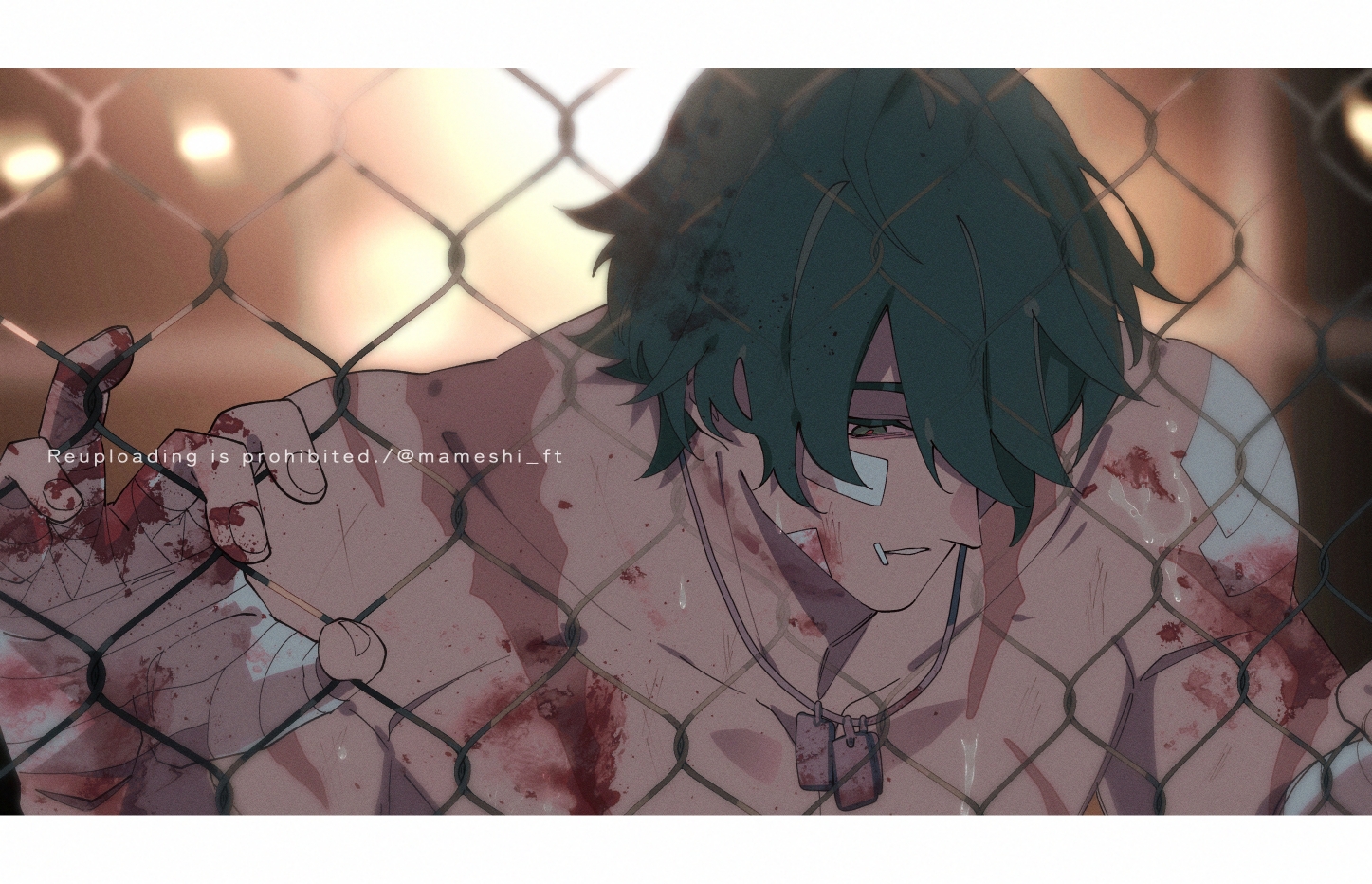 macha@meshi, lighter (zenless zone zero), zenless zone zero, commentary request, 1boy, bandaged hand, bandaged head, bandages, blood, blood on arm, blood on hands, blurry, blurry background, dog tags, green eyes, green hair, half-closed eyes, letterboxed, male focus, muscular, muscular male, parted lips, solo, topless male, upper body, watermark