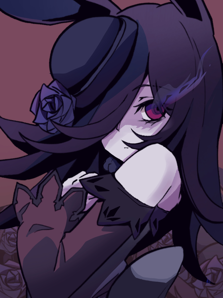 kawamochi (kawauti919), rice shower (rosy dreams) (umamusume), rice shower (umamusume), umamusume, 1girl, animal ears, bare shoulders, black hat, blue flower, blue rose, brown background, brown hair, dress, flaming eye, flower, from side, hair over one eye, hand up, hat, hat flower, horse ears, long hair, long sleeves, looking at viewer, looking to the side, off-shoulder dress, off shoulder, parted lips, purple eyes, rose, simple background, sleeves past wrists, solo, tilted headwear, upper body