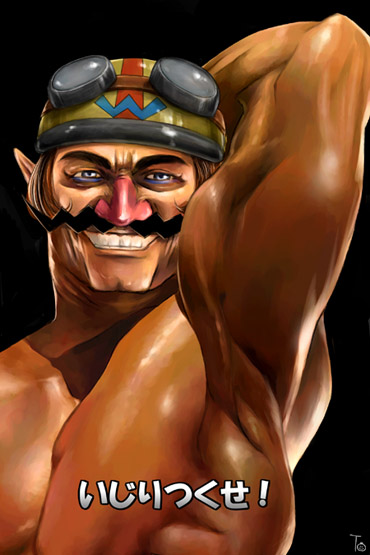 tetsuka, wario, nintendo, warioware, translation request, 1boy, armpits, facial hair, goggles, helmet, japanese text, male focus, muscular, mustache, solo