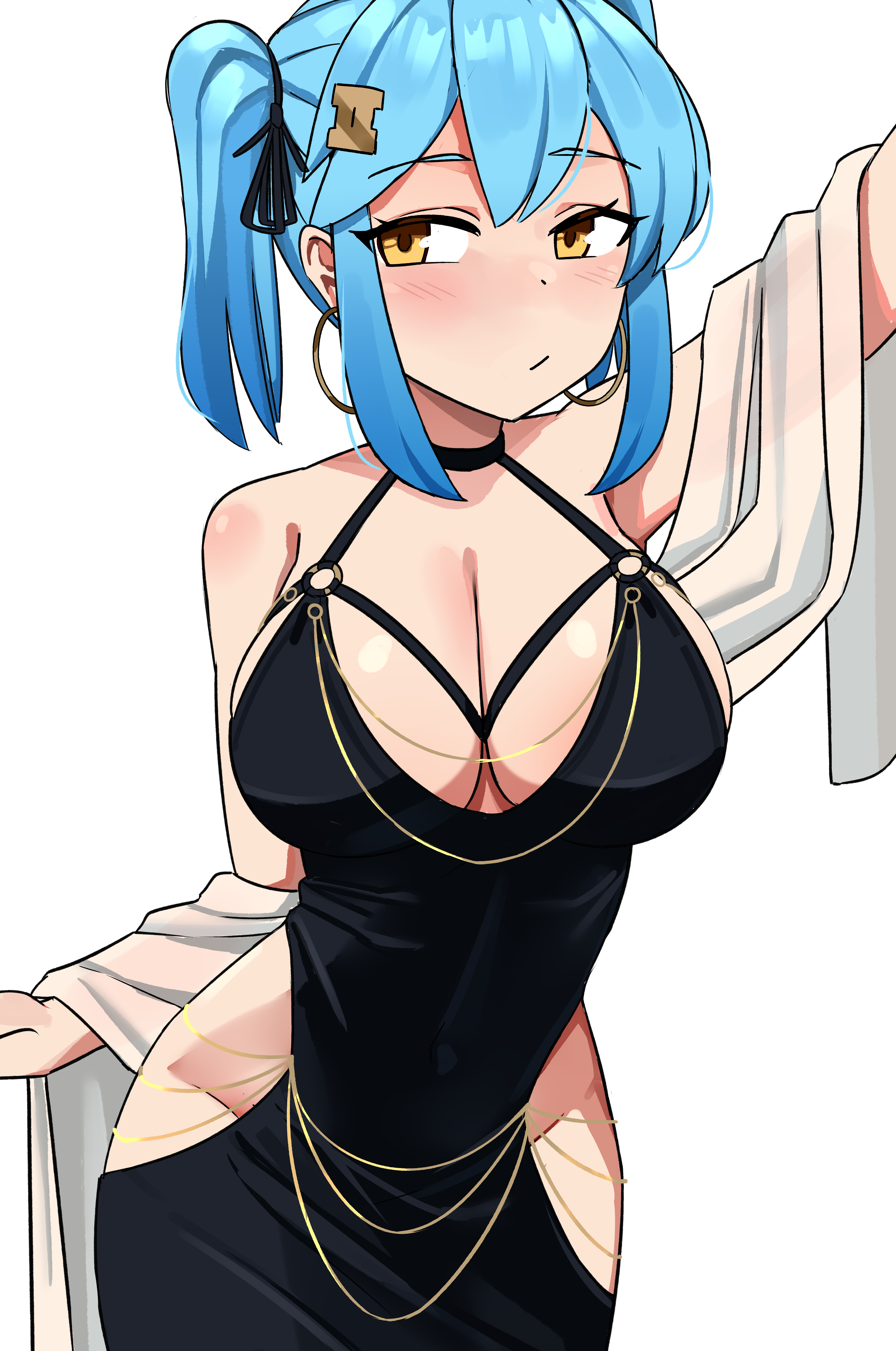 peps art, ii (peps art), original, absurdres, highres, 1girl, backless outfit, bare hips, bare shoulders, black dress, blue hair, blush, breasts, chain, cleavage, closed mouth, clothing cutout, cocktail dress, cowboy shot, dress, earrings, evening gown, gold chain, hair ornament, hairclip, halter dress, halterneck, hip vent, hoop earrings, jewelry, large breasts, leaning forward, low neckline, meme, modakawa dress, open clothes, open dress, orange eyes, scoop neck, sidelocks, simple background, sleeveless, sleeveless dress, solo, twintails, white background, wide hips