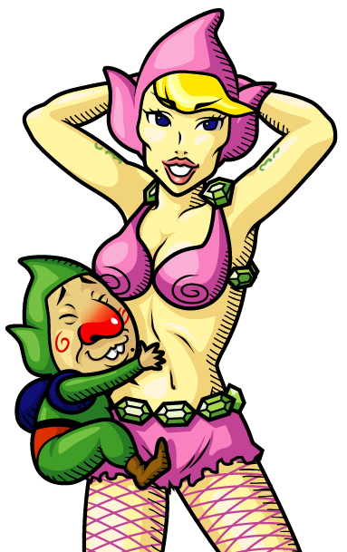 pinkle, tingle, nintendo, the legend of zelda, pink headwear, tagme, 1boy, 1girl, armpits, backpack, bag, bare arms, bare shoulders, big nose, bikini, bikini top only, blonde hair, bodysuit, breasts, buck teeth, cheek swirl, cleavage, cowboy shot, fishnets, green bodysuit, hug, medium breasts, microskirt, midriff, mole, mole under mouth, navel, pink skirt, pointy ears, red lips, simple background, skirt, smile, standing, swimsuit, teeth, white background