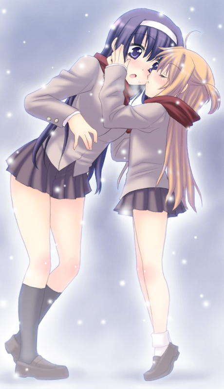 saki chisuzu, arisa bunnings, tsukimura suzuka, lyrical nanoha, mahou shoujo lyrical nanoha, 00s, 2girls, age difference, closed eyes, height difference, kiss, kissing cheek, kneehighs, multiple girls, onee-loli, scarf, shoes, snow, socks, time paradox, tiptoe kiss, tiptoes, yuri