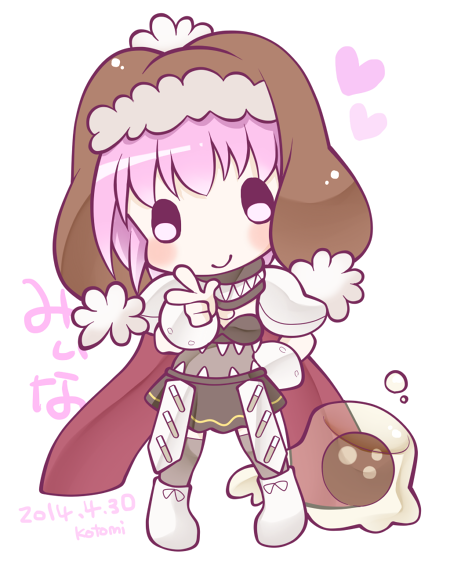 kotomi (happy colors), genetic (ragnarok online), vanilmirth (ragnarok online), ragnarok online, commentary request, 0 0, 1girl, armor, black skirt, boots, cape, chibi, chibi only, closed mouth, dated, full body, looking at viewer, pauldrons, pink eyes, pink hair, red cape, short hair, shoulder armor, simple background, skirt, slime (creature), smile, solo, v, white background, white boots