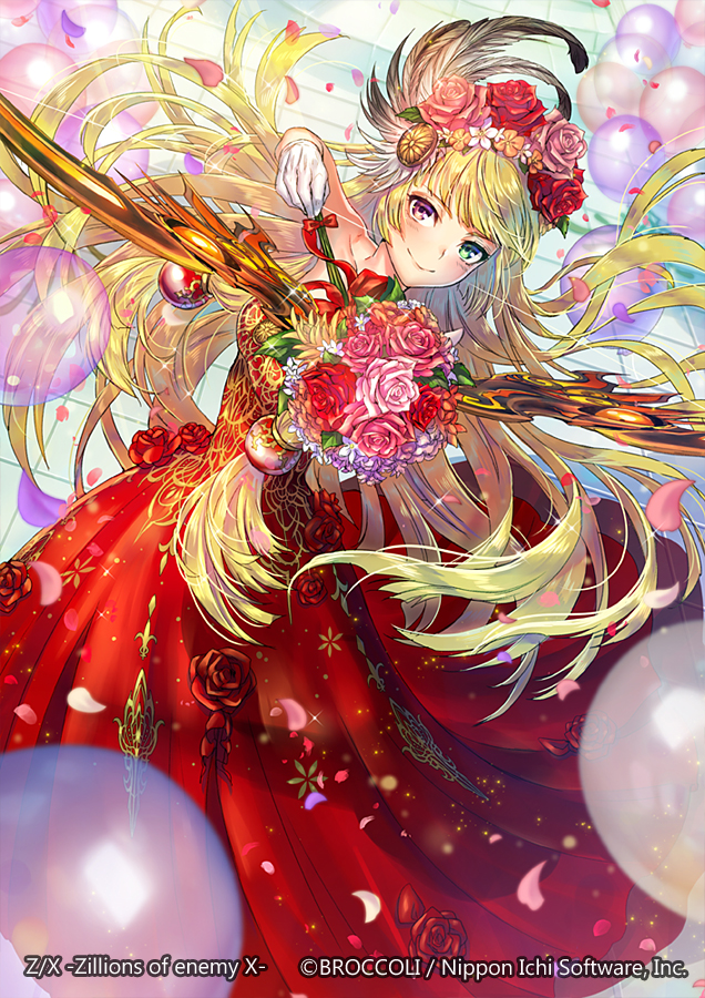 poshii (posy), gandiva (z/x), z/x, official art, 1girl, balloon, blonde hair, bouquet, bow (weapon), closed mouth, copyright notice, dress, feather hair ornament, feathers, floating hair, flower, green eyes, hair flower, hair ornament, heterochromia, holding, holding bow (weapon), holding weapon, long hair, purple eyes, purple petals, red dress, red petals, smile, solo, weapon, white petals