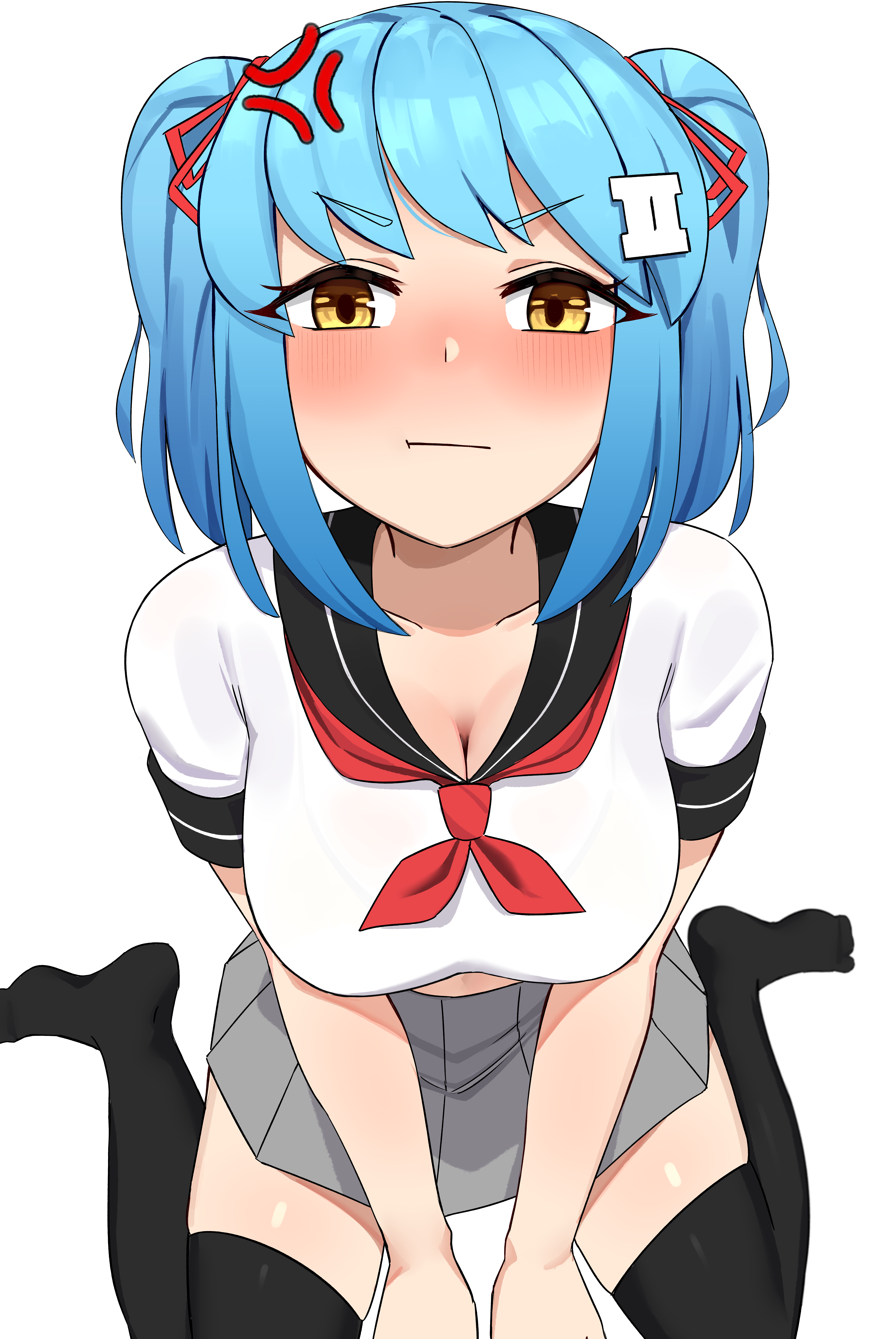 peps art, ii (peps art), original, absurdres, highres, 1girl, anger vein, black thighhighs, blue hair, blush, bra visible through clothes, breasts, cleavage, closed mouth, collarbone, crop top, from above, hair ornament, hairclip, large breasts, looking at viewer, miniskirt, neckerchief, orange eyes, pout, sailor collar, school uniform, shirt, short twintails, simple background, sitting, skirt, solo, swept bangs, thighhighs, twintails, wariza, white background, white shirt, zettai ryouiki