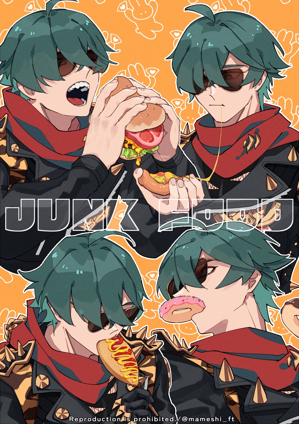 macha@meshi, lighter (zenless zone zero), zenless zone zero, commentary request, highres, 1boy, artist name, black jacket, burger, chocolate donut, closed mouth, corn dog, donut, eating, english text, food, food in mouth, green hair, holding, holding burger, holding donut, holding food, holding pizza, jacket, leather, leather jacket, male focus, open mouth, orange background, pink donut, pizza, pizza slice, red scarf, scarf, sharp teeth, sunglasses, teeth, twitter username