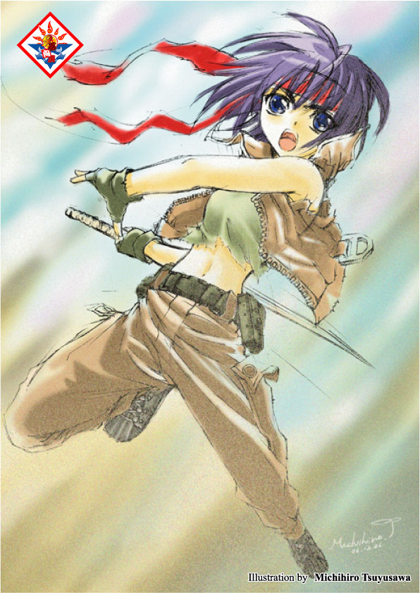 honoka, honoka (the third), the third, 1girl, bandana, belt, blue eyes, blue hair, female focus, fingerless gloves, gloves, jacket, katana, matching hair/eyes, midriff, pants, shoes, solo, sword, weapon