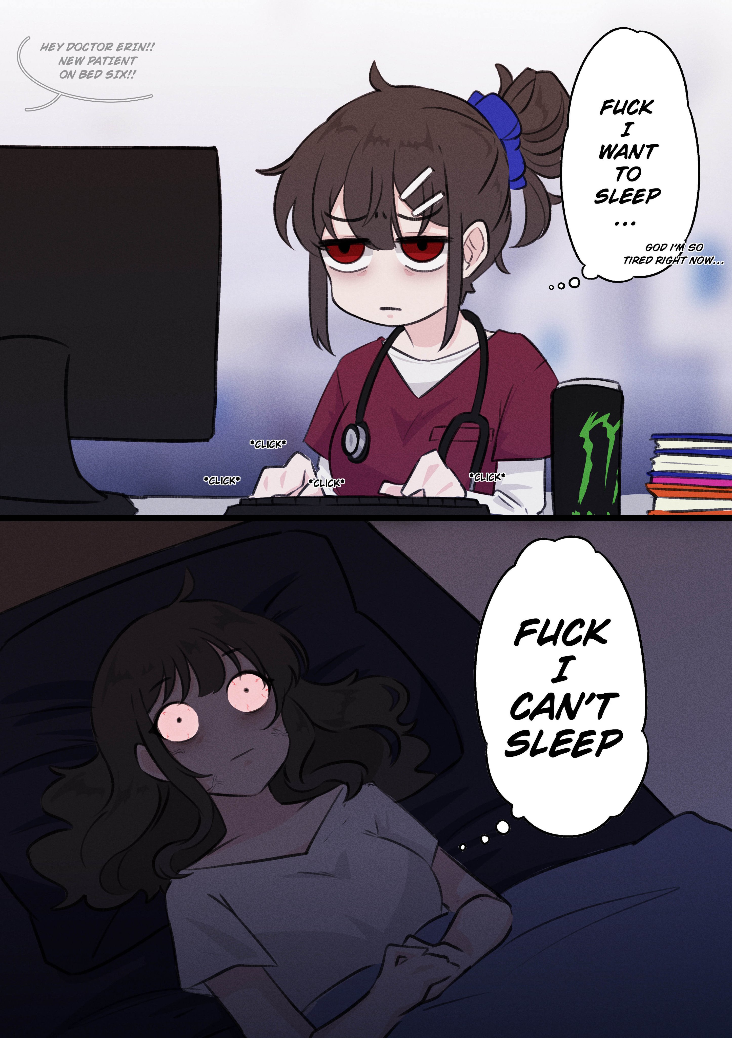 mamaprofennn, monster energy, original, absurdres, highres, bags under eyes, bed, blanket, bloodshot eyes, book, computer keyboard, english text, insomnia, medical scrubs, monitor, pillow, red eyes, speech bubble, stethoscope
