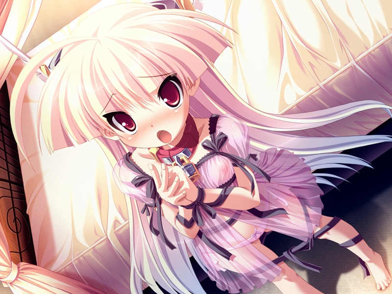 saeki hokuto, tsurugi hagane, nanashiki rin, gouen no soleil, game cg, 1girl, antenna hair, barefoot, bdsm, bed, blush, bondage, bound, breasts, collar, female focus, flat chest, lingerie, lock, loli, long hair, multicolored hair, open mouth, padlock, panties, red eyes, ribbon, ribbon bondage, see-through clothes, solo, underwear, very long hair, white panties