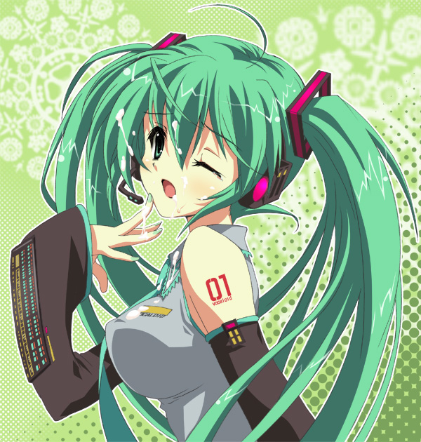 suzui narumi, hatsune miku, vocaloid, 1girl, breasts, covered erect nipples, cum, cum on body, cum on hair, detached sleeves, facial, female focus, green eyes, green hair, headset, long hair, matching hair/eyes, one eye closed, small breasts, solo, twintails, wink