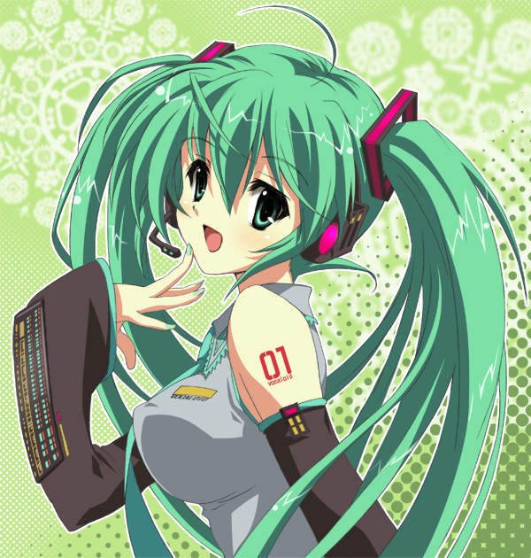 suzui narumi, hatsune miku, vocaloid, detached sleeves, green eyes, green hair, headset, long hair, solo, twintails